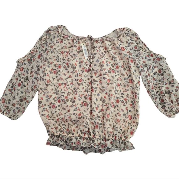 Max Studio -602 Georgette Elbow Sleeve Cold Shoulder‎ Blouse Cream Floral XS - Picture 9 of 12